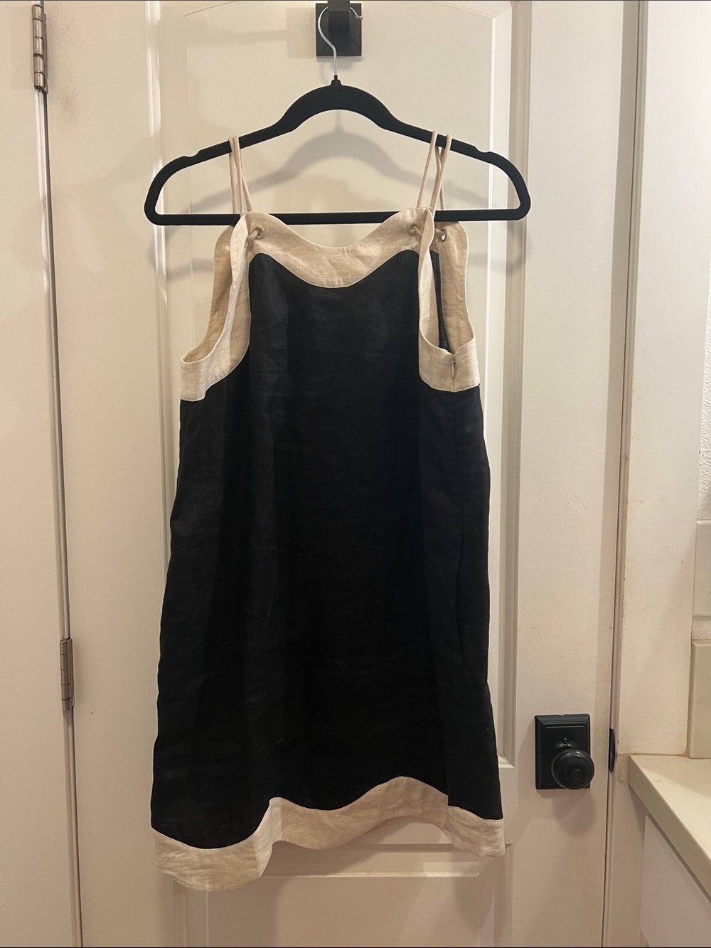 STAUD Renata Black and Cream Linen Slip Dress